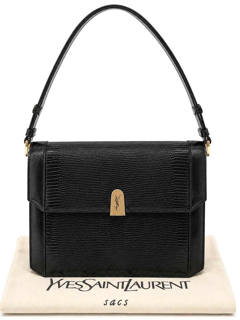 Saint Laurent YSL Vintage Black Embossed Lizard Leather Shoulder Bag